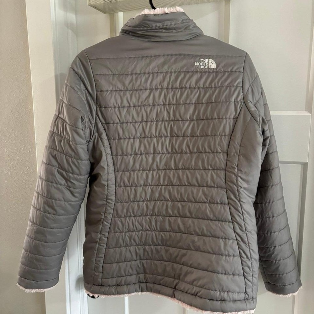 The North Face Reversible Mossbud Swirl Puffer Jacket Full Zip Gray/pinkGirls XL - Picture 3 of 8